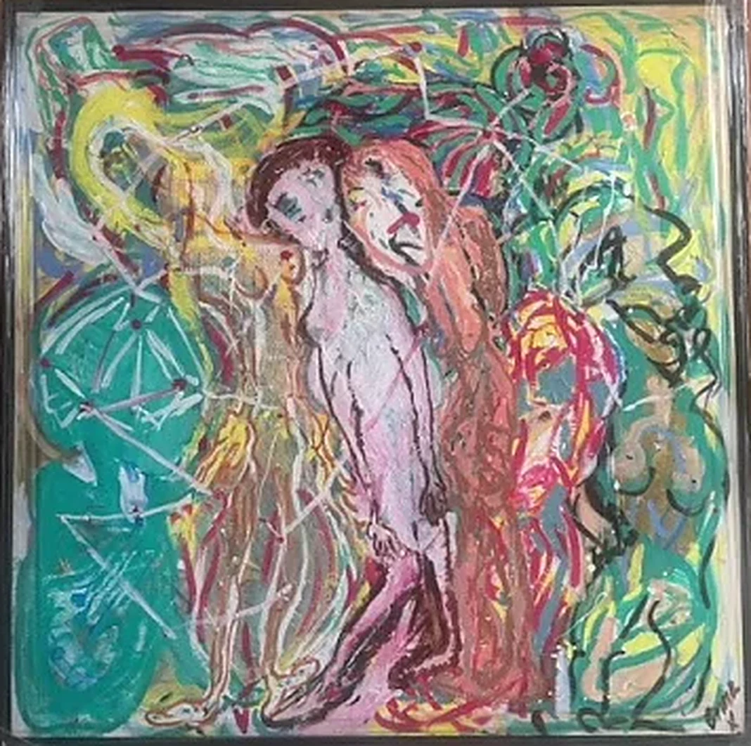 Realisation, a channelled painting by Emma Holley of entwined figures in pink, teal and green